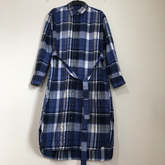Uniqlo Blue Plaid Flannel Button Up Checked Slouchy Shirtdress - Picture 2 of 16